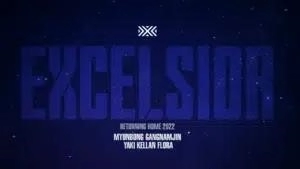 The names of the New York Excelsior's 2022 roster appears beneath the teams logo in bold blue and white letters