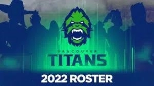 Логотип Vancouver Titans, зеленое лицо снежного человека, появляется над словами «Vancouver Titans 2022 Roster».