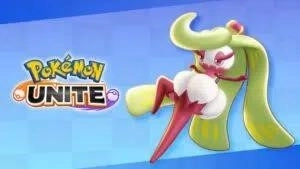 Рядом с логотипом Pokemon Unite на синем фоне появляется Царина, двуногий растительноподобный покемон с гуманоидной внешностью и длинными зелеными листообразными волосами.