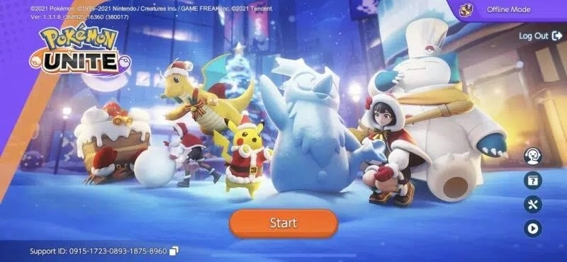 Экран загрузки для Pokemon Unite, показывающий активную функцию «автономного режима» в левом верхнем углу экрана.