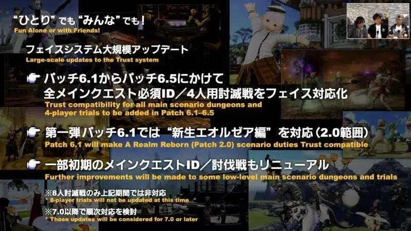 Скриншоты из живого письма Newfound Futures: Final Fantasy XIV, показывающие цели разработчиков по улучшению жанра MMORPG.