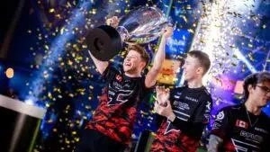 Players of FaZe Clan lifting the IEM Katowice trophy in celebration of their victory.