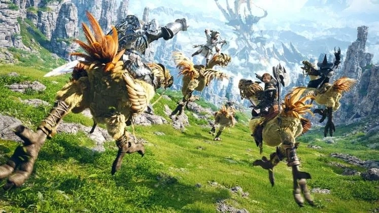 Чокобо мчатся по открытым полям Альденарда в MMORPG Final Fantasy XIV.