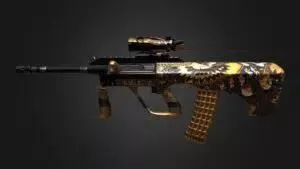 The AUG in CS:GO, a universal army rifle with a gold and black skin