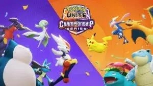 Different Pokemon including Cinderace and Charizard going against each other in Pokemon Unite game cover.