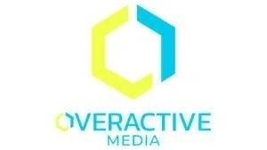 Логотип Overactive Media, сине-желтый шестиугольник, появляется на белом фоне с названием компании под ним.