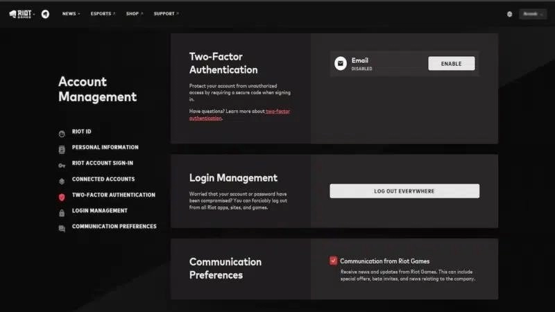 Страница управления учетной записью Valorant 2FA Страница управления учетной записью Valorant 2FA (Изображение предоставлено Riot Games)