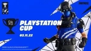 The promotional image for the PlayStation Fortnite Cup shows a Fortnite character next to the sillhouette of a trophy with the PlayStation controller buttons emblazoned on its front