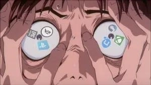 Shinji Ikari, protagonist of the hit anime series Neon Genesis Evangellion, appears with the logo' of Ubisoft's digital storefronts and others, swirling within his eyes