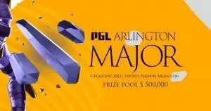 Рекламное изображение PGL Arlington Major с логотипом Dota 2 фиолетового цвета и призовым фондом турнира в размере 500 тысяч долларов США.