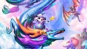 Tft Patch 12.18 Pengu riding a Dragon in a splash art fantasy image for Teamfight Tactics.