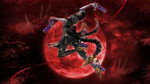 Bayonetta 3's epinomynous character with her pistols drawn silhouetted by a red sunset