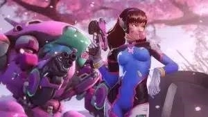 Герой Overwatch 2, D.Va со своим роботом позади нее