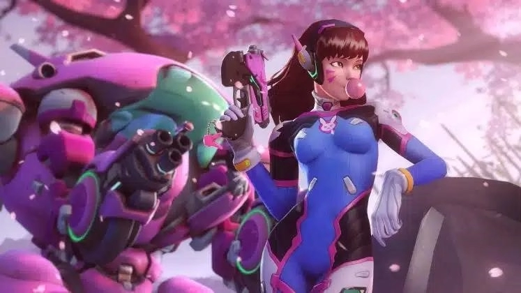 Герой Overwatch 2, D.Va со своим роботом позади нее