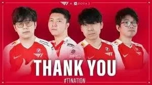 The former Dota 2 roster for T1 appear in their jerseys with the words 